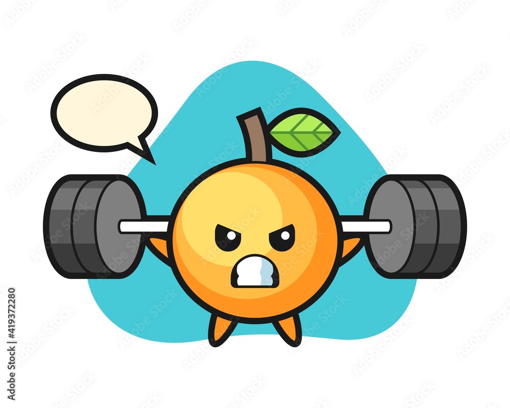 Orange fruit cartoon with a barbell Orange fruit cartoon with a barbell