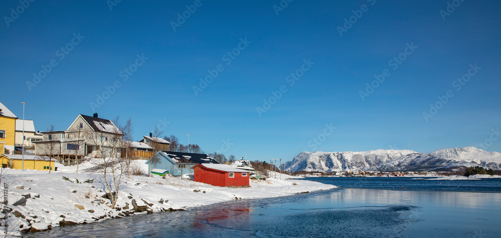 Sun in landscape with snow,Brønnnøysund,Helgeland,Nordland county,Norway,scandinavia,Europe