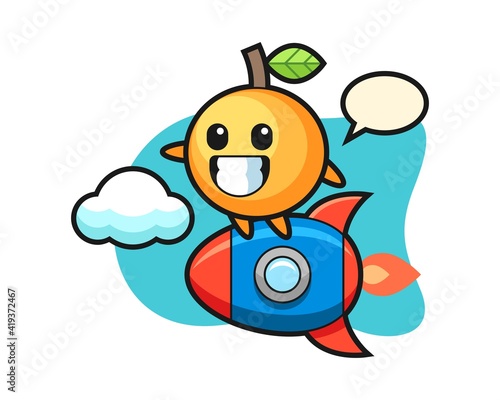 Orange fruit cartoon riding a rocket