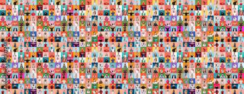 Collage of faces of surprised people on multicolored backgrounds. Happy men and women smiling. Human emotions, facial expression concept. Different human facial expressions, emotions, feelings. © master1305