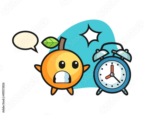 Orange fruit cartoon surprised with a giant alarm clock