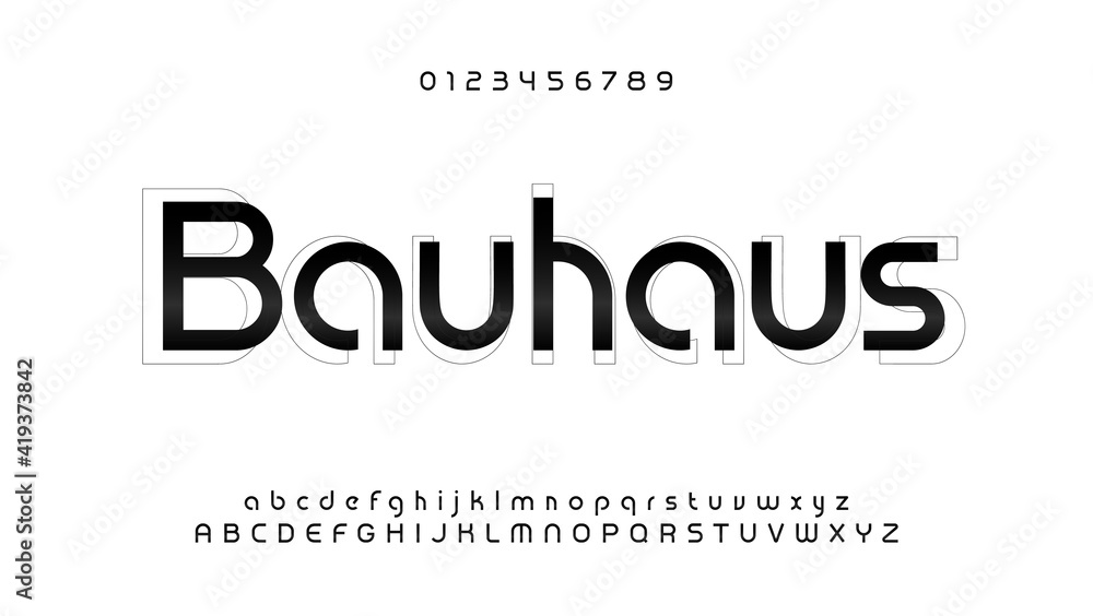 Awesome bauhaus alphabet. Modern futuristic font, techno style letters. Lowercase, uppercase and numbers type for logo, headline, monogram, lettering and typography. Vector typographic design