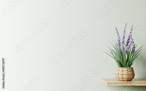 Interior design of living room with wooden shelf.  Wall decor with flower in woven basket plant pot. Green wall with copy space. Modern home background. 3d rendering
