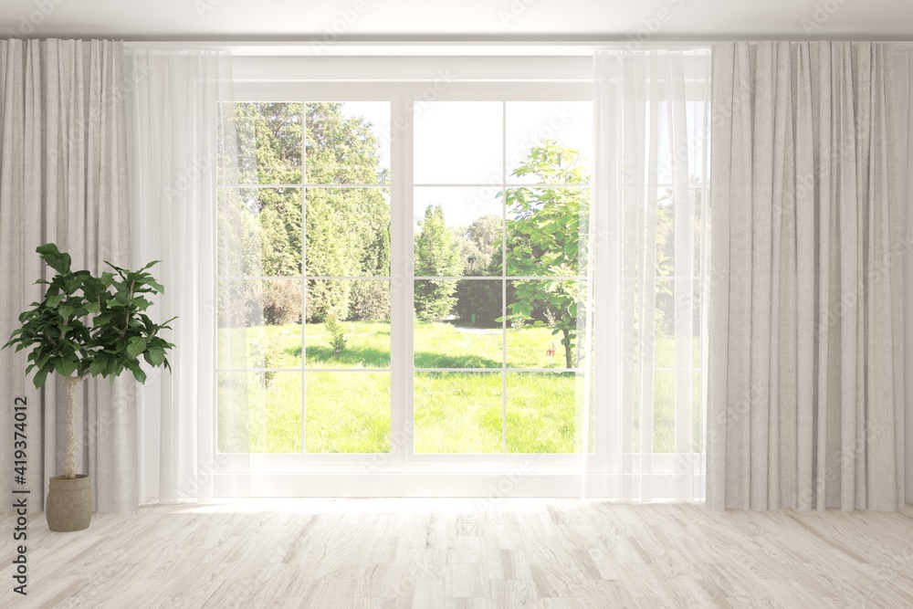 Fototapeta premium White empty room with summer landscape in window. Scandinavian interior design. 3D illustration