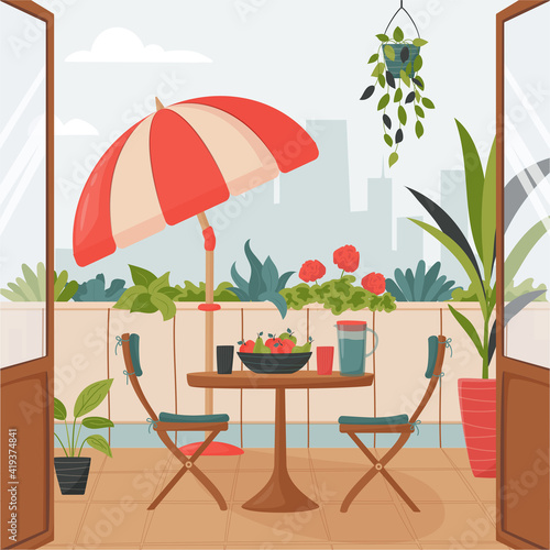 Cozy summer balcony with parasol, small table, chair and pots of flowers. Summer time Idyllic seating in the terrace with drink. Home garden and cute exterior design. Vector flat illustration