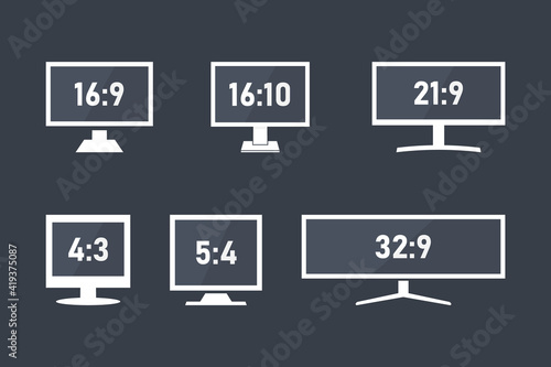 Monitor aspect ratio size, computer or tv display aspect ratio symbols set