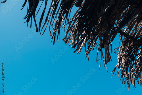 Dried nipa palm roof against a clear blue sky. Copy space on the lower left. Summertime and beach holiday concept in Philippines. photo