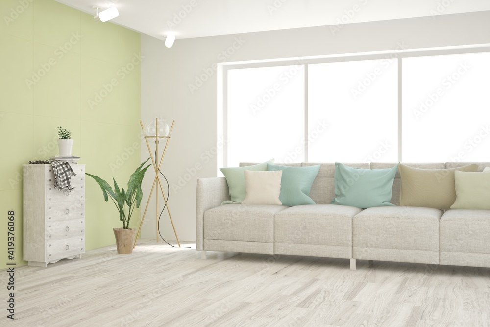 Fototapeta premium Green living room with sofa. Scandinavian interior design. 3D illustration