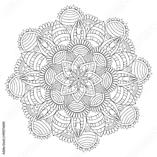 Beautiful mandala coloring book page. Vector ornamental circle with doodle and zentangle elements. Line art for meditation for adult isolated on white.