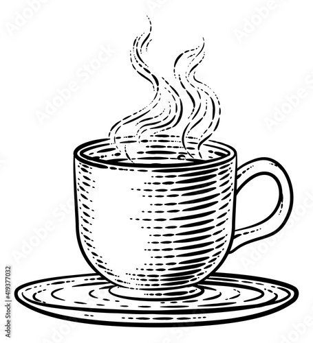 Coffee or tea cup hot drink mug in a vintage retro woodcut etching style.