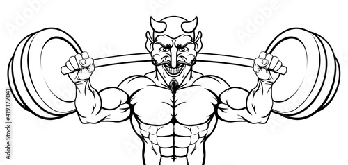 A devil Satan weight lifter body builder sports mascot lifting a big barbell