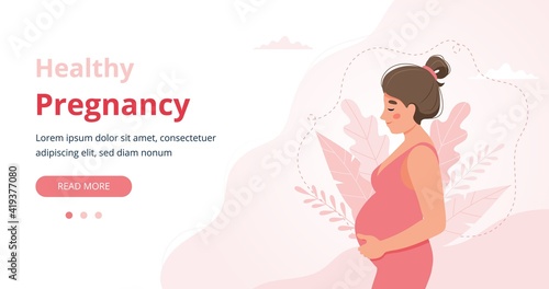 Pregnancy banner, pregnant woman vector illustration in cute cartoon style