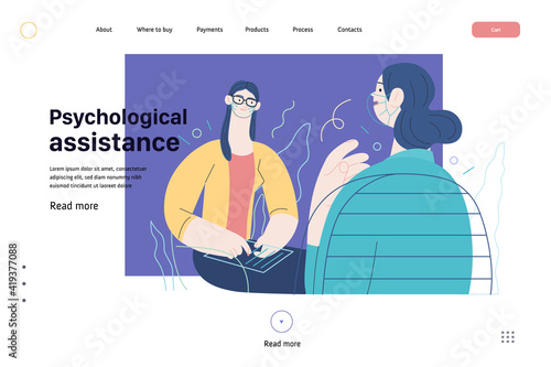 Medical insurance web template -psychological support -modern flat vector concept illustration of therapist wearing glasses, taking session notes in notepad, female patient talking about her problem