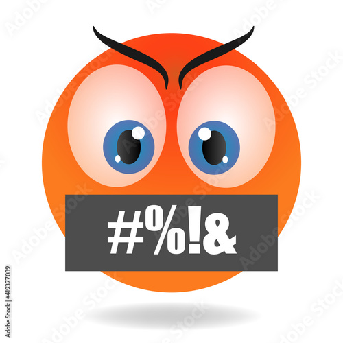Swearing emoji. Yellow funny face. Round character with big eyes. Angry cartoon human emotion. Obscene language.