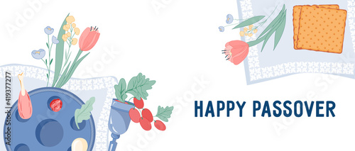 Jewish Passover festive website banner template with items for holiday celebration. Pesach or Passover holiday background for site and prints, flat vector illustration on white.