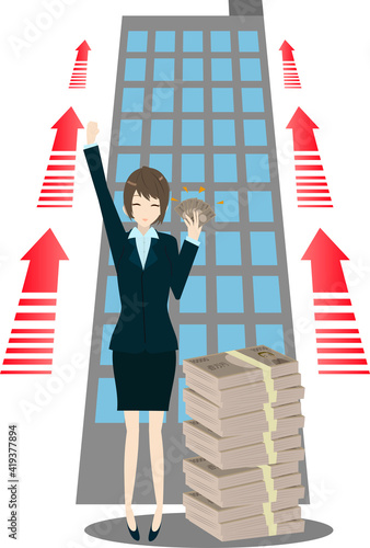 急成長する企業と大金を手にするビジネスウーマン