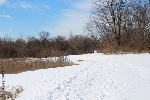 The snowy pathway in the country park on a sunny day.