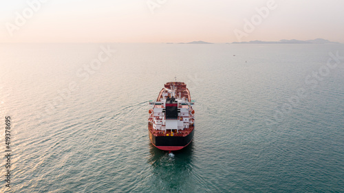 Aerial angle rear view of oil tanker ship sailing on open sea. Crude oil tanker lpg ngv at industrial estate Thailand - Oil tanker ship to Port of Singapore - import export