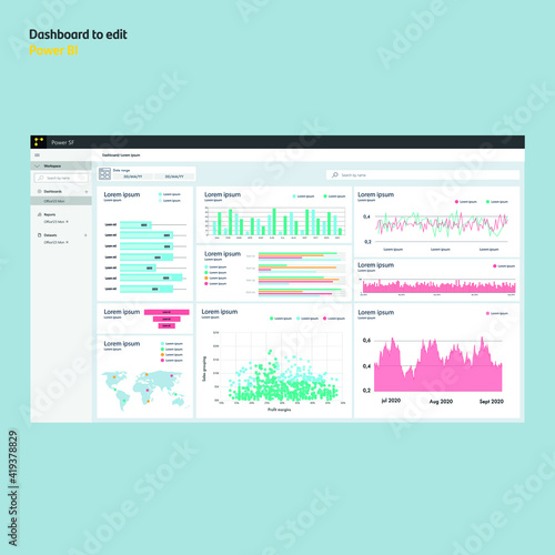 Dashboard with bars. Power bi analysis. Report. EPS10.eps