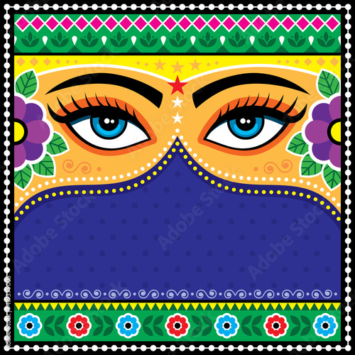 	
Pakistani or Indian truck art vector pattern, with female eyes and flowers - template with blank space for text
 
