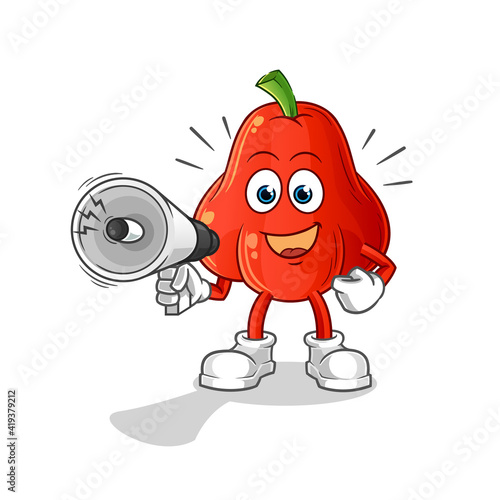 water apple holding hand loudspeakers vector. cartoon character