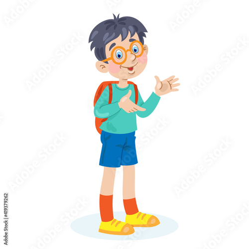 Funny boy with a red backpack and in glasses. In cartoon style. Isolated on white background. Vector illustration.
