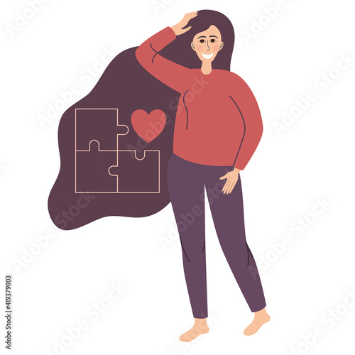 Mental health. A white woman without psychological problems is happy and smiling. The puzzle in the hair is stacked correctly together with . Vector illustration in a flat linear style