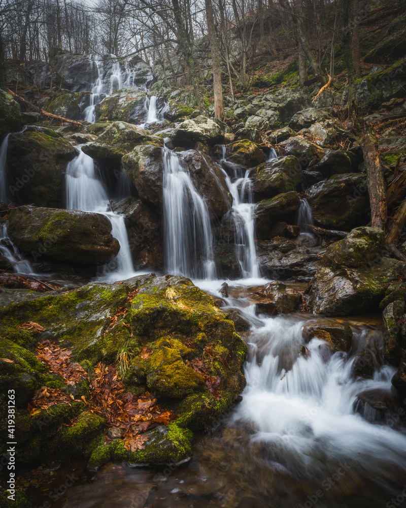 Dark Hollow Falls on a foggy day in Shenandoah National Park.