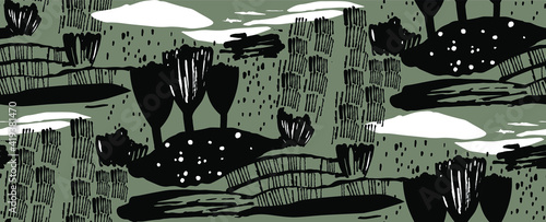 winter seamless vector landscape pattern. graphical decorative hand drawn scenery ornament. gloomy weather. counrtyside view illustration: trees, bushes and fields. cloudy sky. snow falling