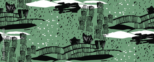 winter seamless vector landscape pattern. graphical decorative hand drawn scenery ornament. gloomy weather. counrtyside view illustration: trees, bushes and fields. cloudy sky. snow falling