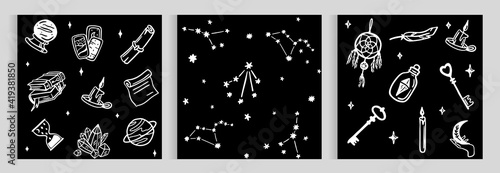 A set of esoteric and seamless patterns with the moon, planet, constellation and stars. Divination, astrology, mysticism. black background.