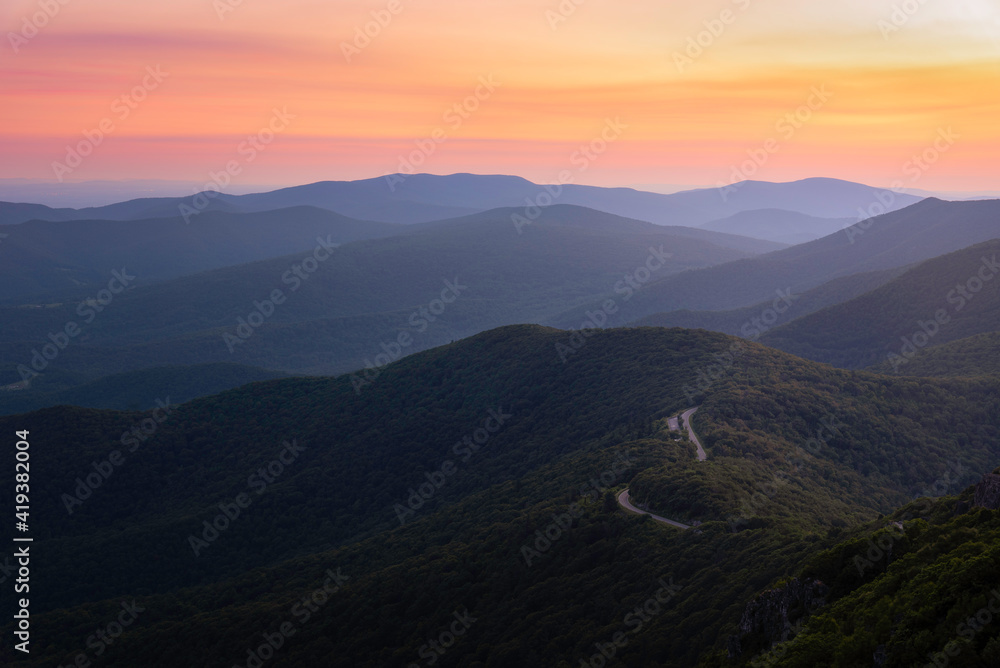 A classic view of Shenandoah National Park at sunrise from Stony Man Mountain in the Summer.