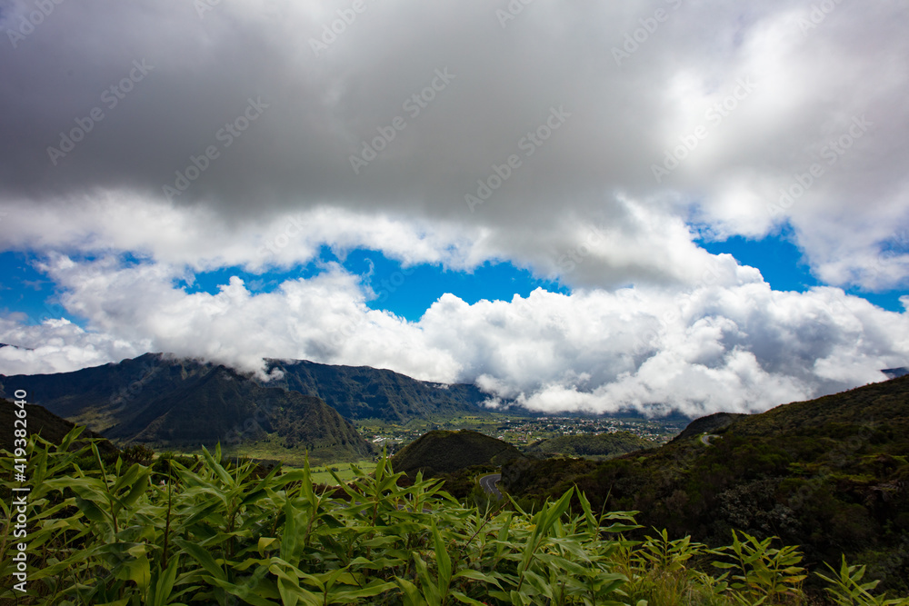 Volcanic Landscapes of Reunion Island at clouds altitude