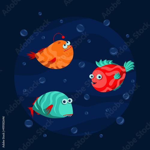 Bright cartoon fish on a dark blue background with bubbles, funny inhabitants of the underwater depths. Vector cute illustration.