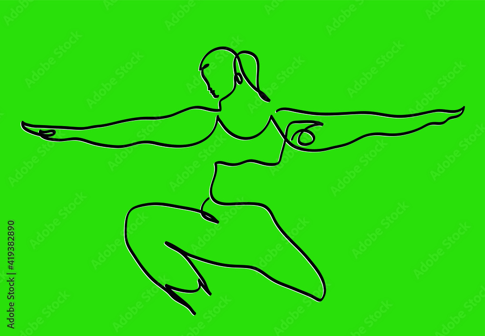Fototapeta premium One line drawing of woman doing yoga warrior pose One continuous line drawing of sporty young woman practicing yoga warrior pose.