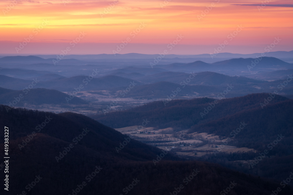 Morning twilight over the Virginian countryside viewed from Skyline Drive in Shenandoah National Park. Morning twilight over the Virginian countryside viewed from Skyline Drive in Shenandoah National Park.