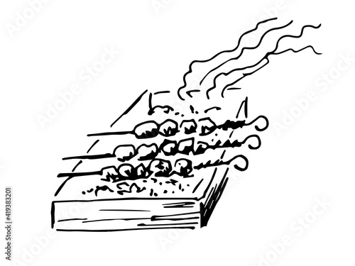 Simple hand-drawn vector black outline doodle style drawing. Brazier, meat skewers, barbecue, smoke, cooking. Picnic in nature. Charcoal for grilling. For label, menu, street food.