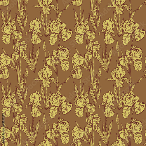 Seamless pattern with yellow iris flowers on brown background