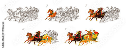Image of a Russian troika of horses. The finished drawing from a graphic image to a color illustration is the process of creation.