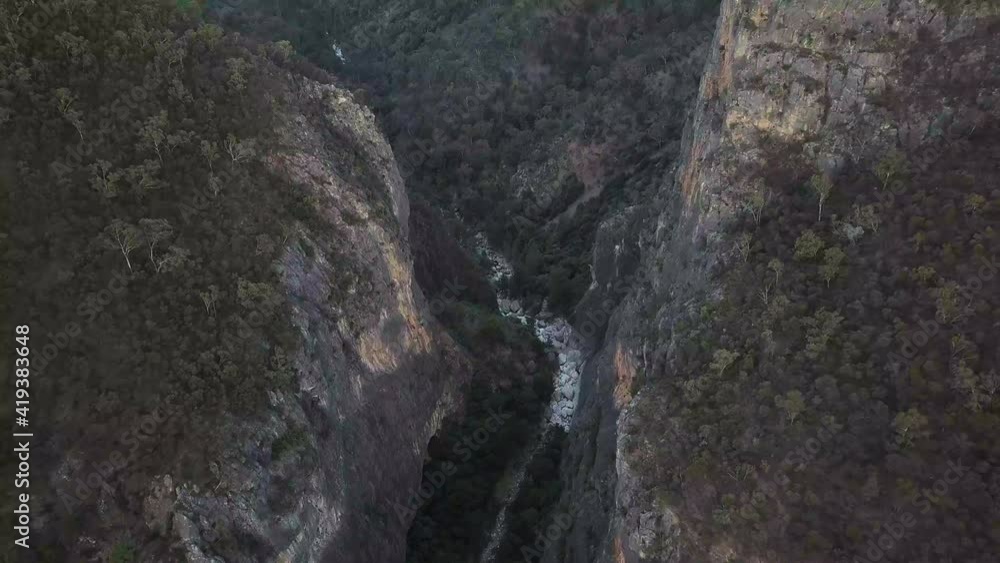 Aerial Backward: Beautiful Canyon Amidst Trees At National Park Aerial Backward: Beautiful Canyon Amidst Trees At National Park