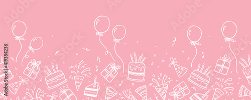 Stampa su tela Fun hand drawn party seamless background with cakes, gift boxes, balloons and party decoration