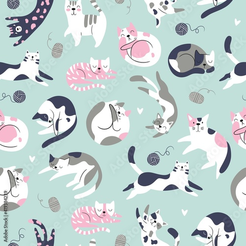Fototapeta Naklejka Na Ścianę i Meble -  Seamless pattern with funny cats. Creative childish texture in Scandinavian style. Great for fabric, textile Vector Illustration