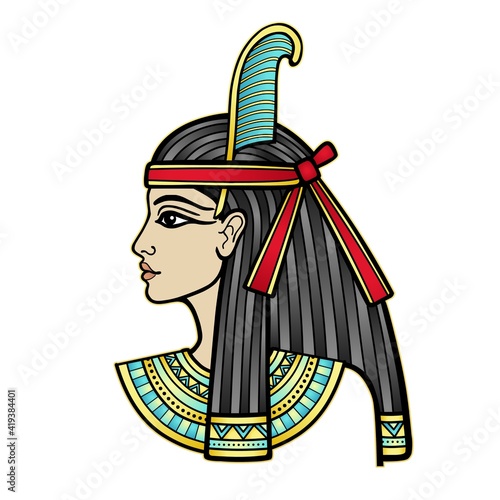 Animation color portrait of beautiful Egyptian woman. Goddess Maat. Profile view. Vector illustration isolated. Print, poster, t-shirt, tattoo.