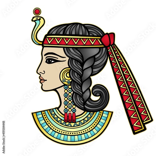 Animation color portrait of beautiful Egyptian woman. Profile view. Vector illustration isolated on a white background. Print, poster, t-shirt, tattoo.