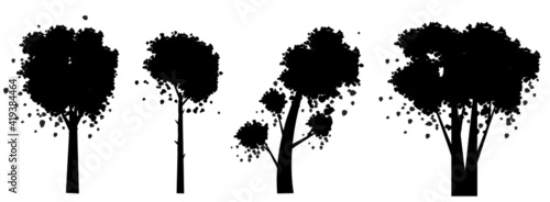 Trees silhouette with falling leaves. Isolated on white background