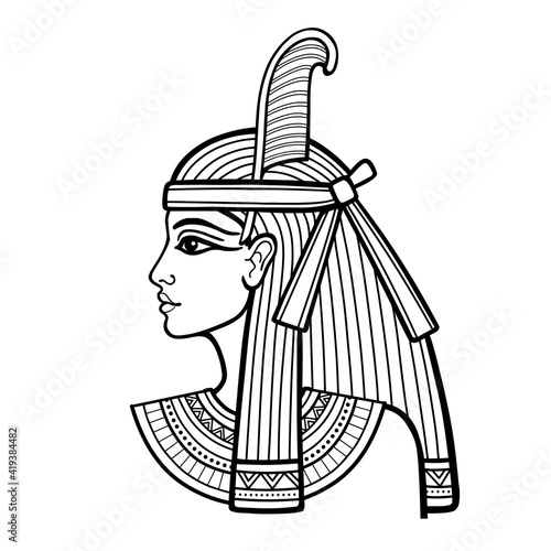 Animation linear portrait of beautiful Egyptian woman. Goddess Maat. Profile view. Vector illustration isolated on a white background. Print, poster, t-shirt, tattoo.