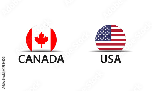 Canda and USA. Set of two Canadian and United States of America stickers. Simple icons with flags isolated on a white background