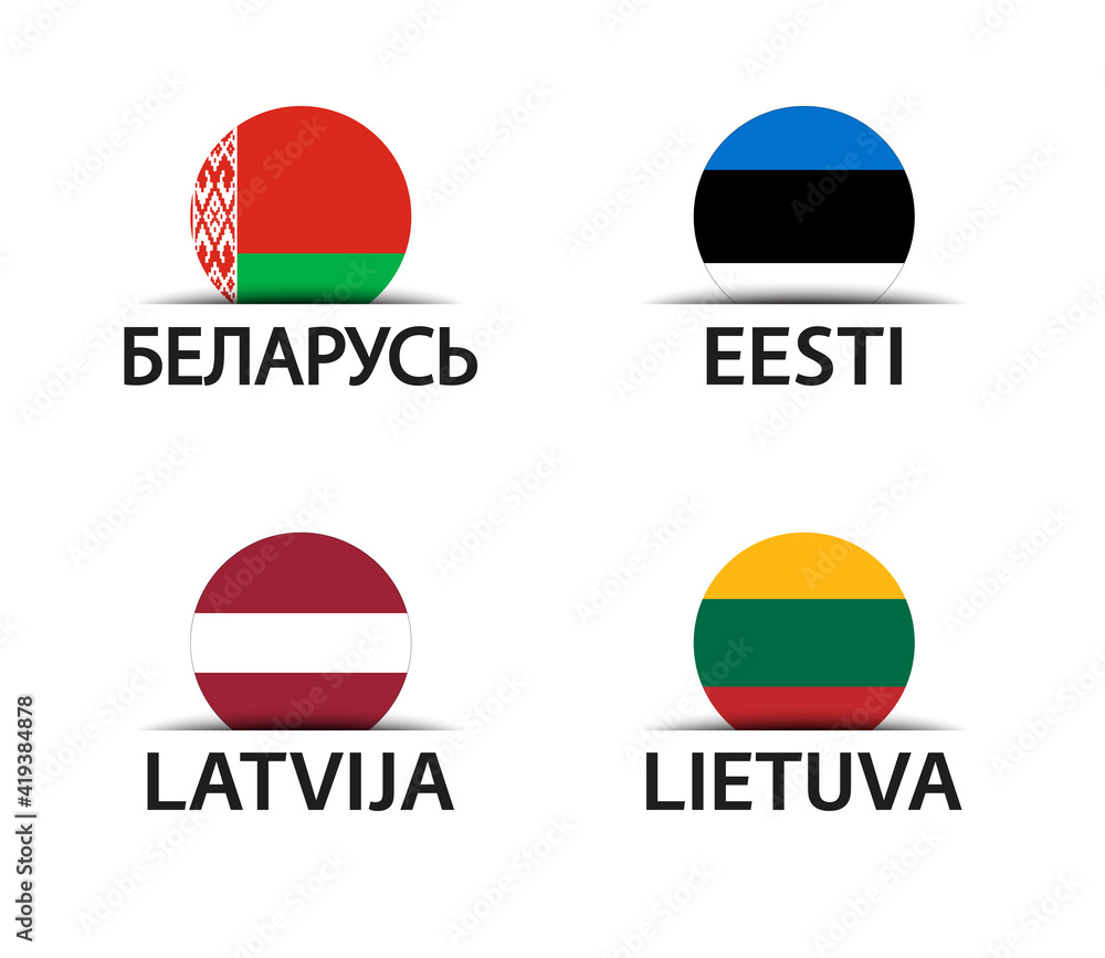Belarus, Estonia, Latvia and Lithuania. Set of four Belarussian, Estonian, Latvian and Lithuanian stickers. Simple icons with flags isolated on a white background Belarus, Estonia, Latvia and Lithuania. Set of four Belarussian, Estonian, Latvian and Lithuanian stickers. Simple icons with flags isolated on a white background