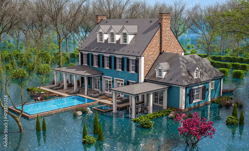 Fotografia 3d rendering of classic house in colonial style in spring water cataclysm