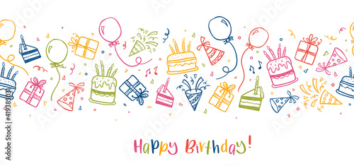 Fun hand drawn party seamless background with cakes, gift boxes, balloons and party decoration. Great for birthday parties, textiles, banners, wallpapers, wrapping - vector design photo